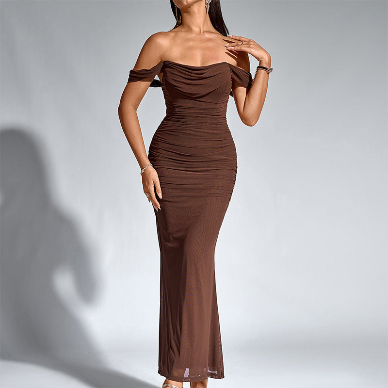 Robe longue drapée épaules dénudées – Chocolat