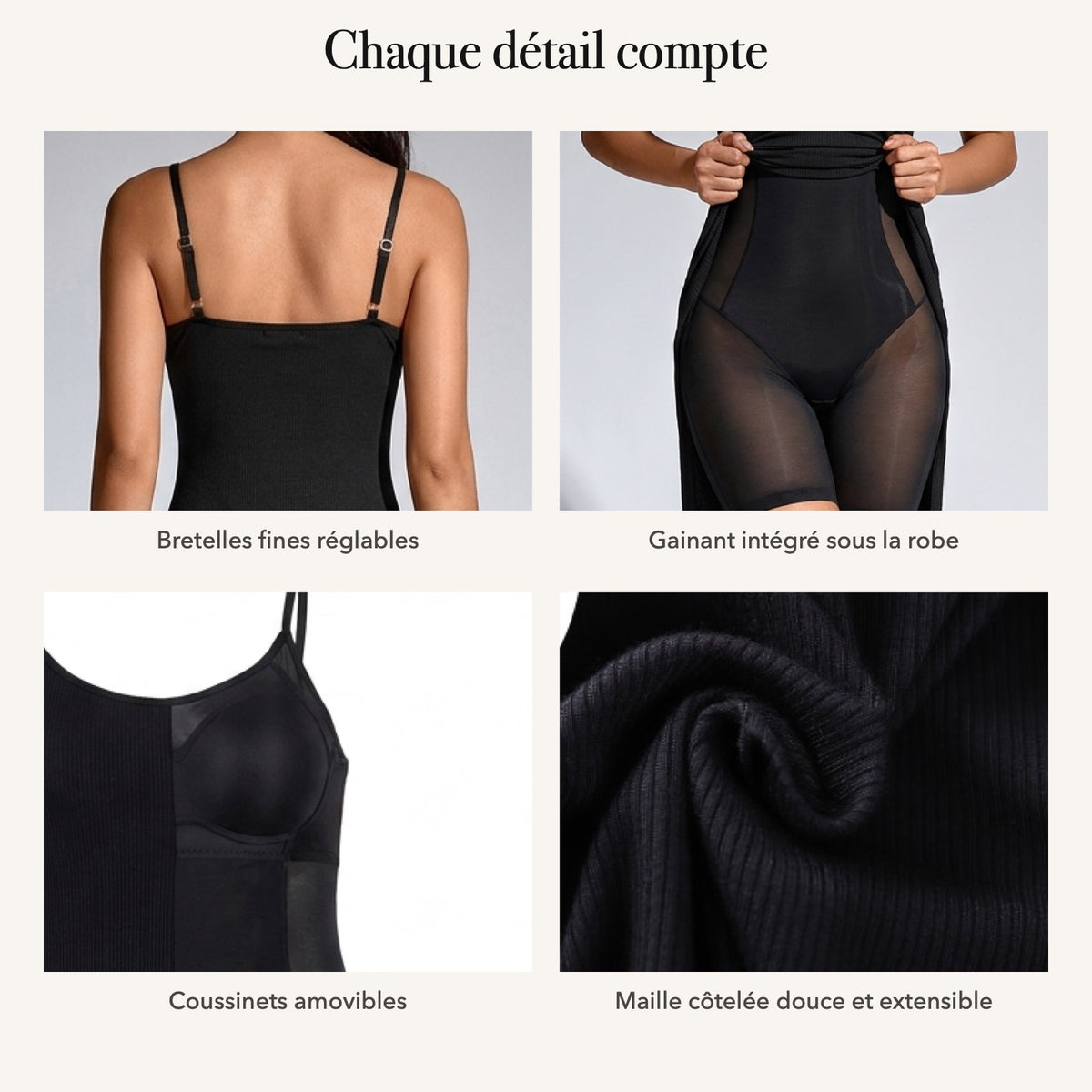 Détails : bretelles réglables, gainant intégré, coussinets amovibles, maille côtelée