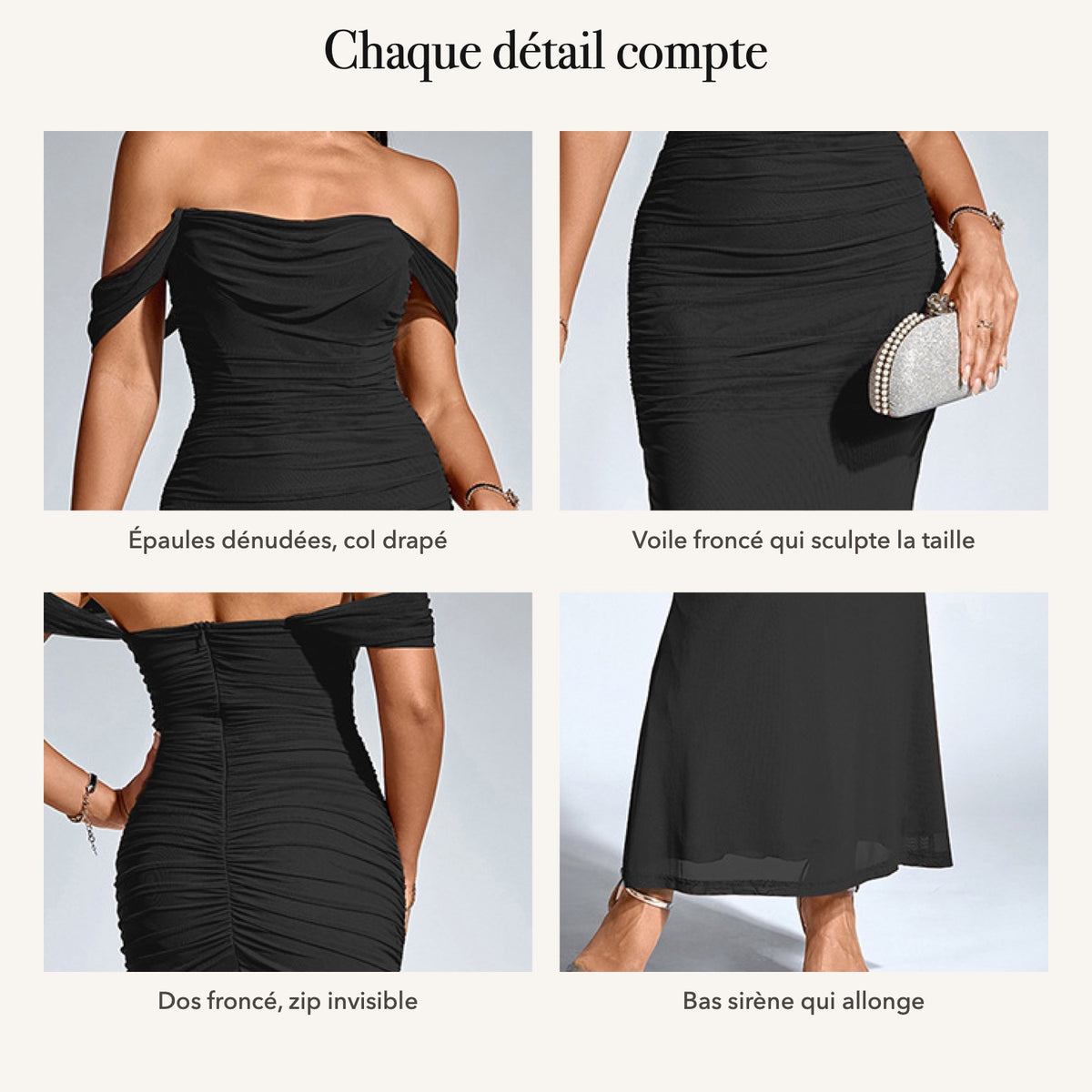 Détails : épaules dénudées, voile froncé, dos froncé, bas sirène